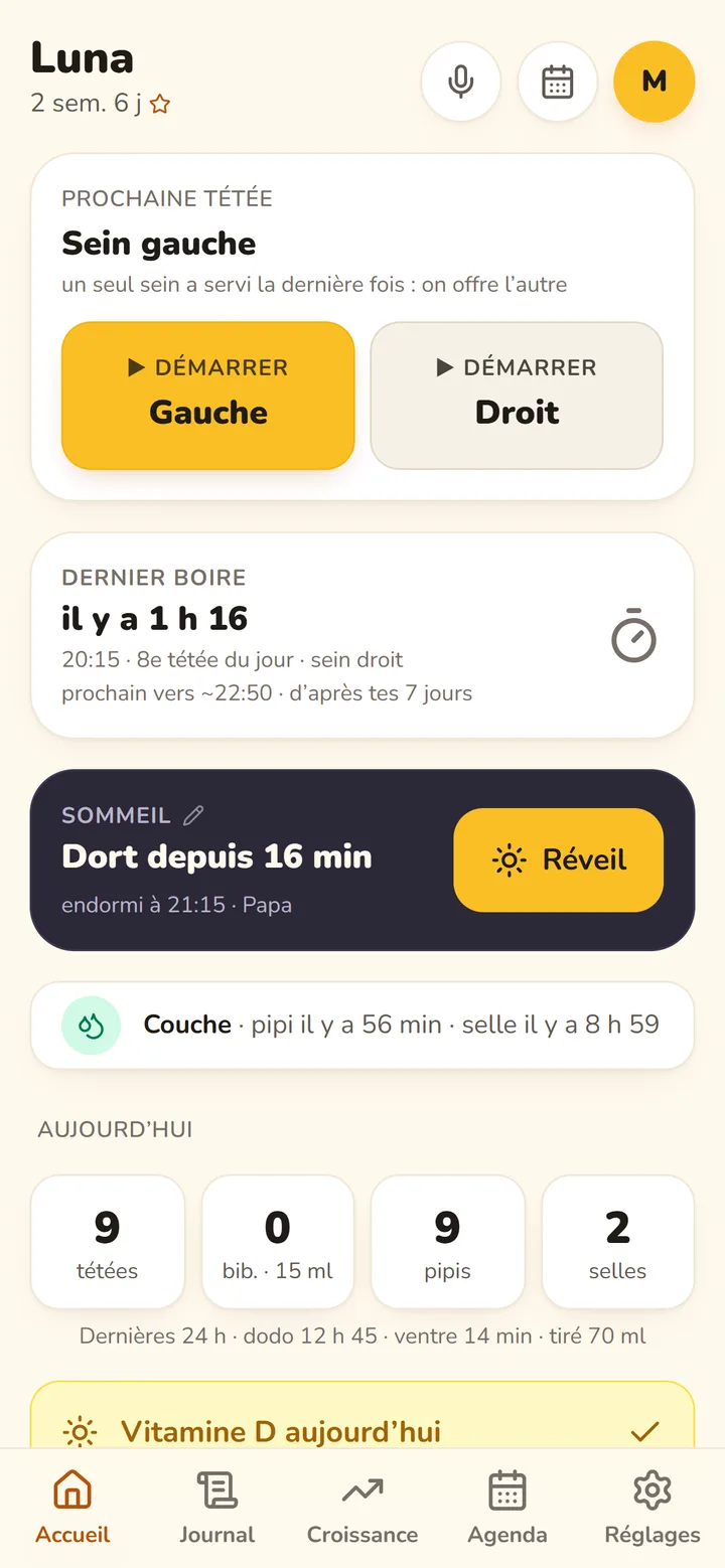 Écran d’accueil de Rose : prochaine tétée au sein gauche, dernier boire il y a 1 h 16, bébé dort depuis 16 minutes.