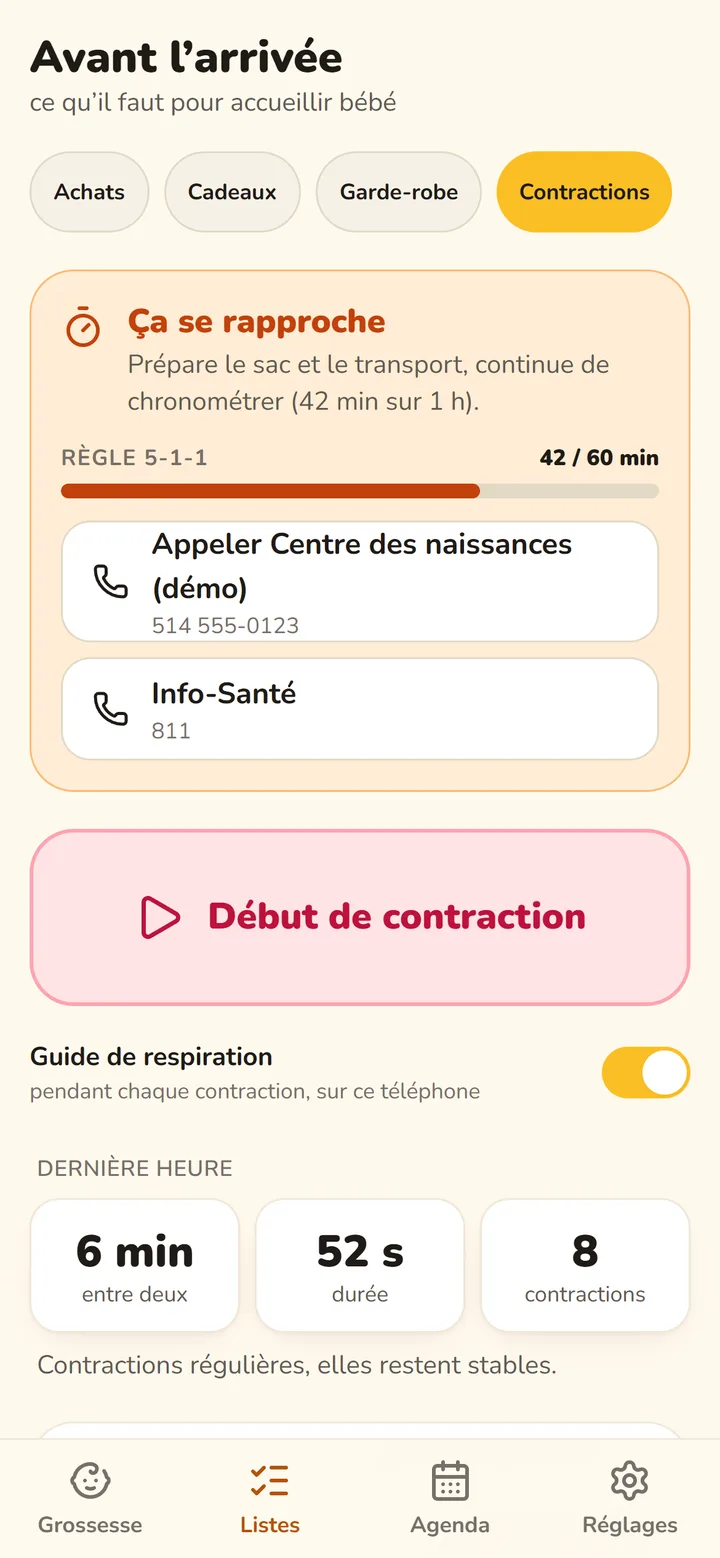 Chronomètre de contractions : 6 minutes entre deux, 52 secondes de durée, 8 contractions dans la dernière heure.