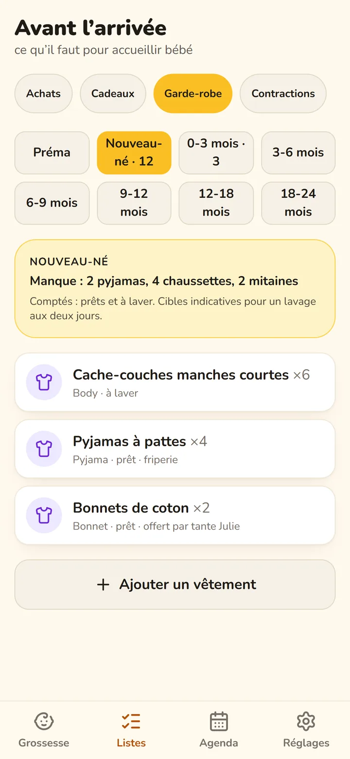 Garde-robe par taille : il manque 2 pyjamas, 4 chaussettes et 2 mitaines en nouveau-né.