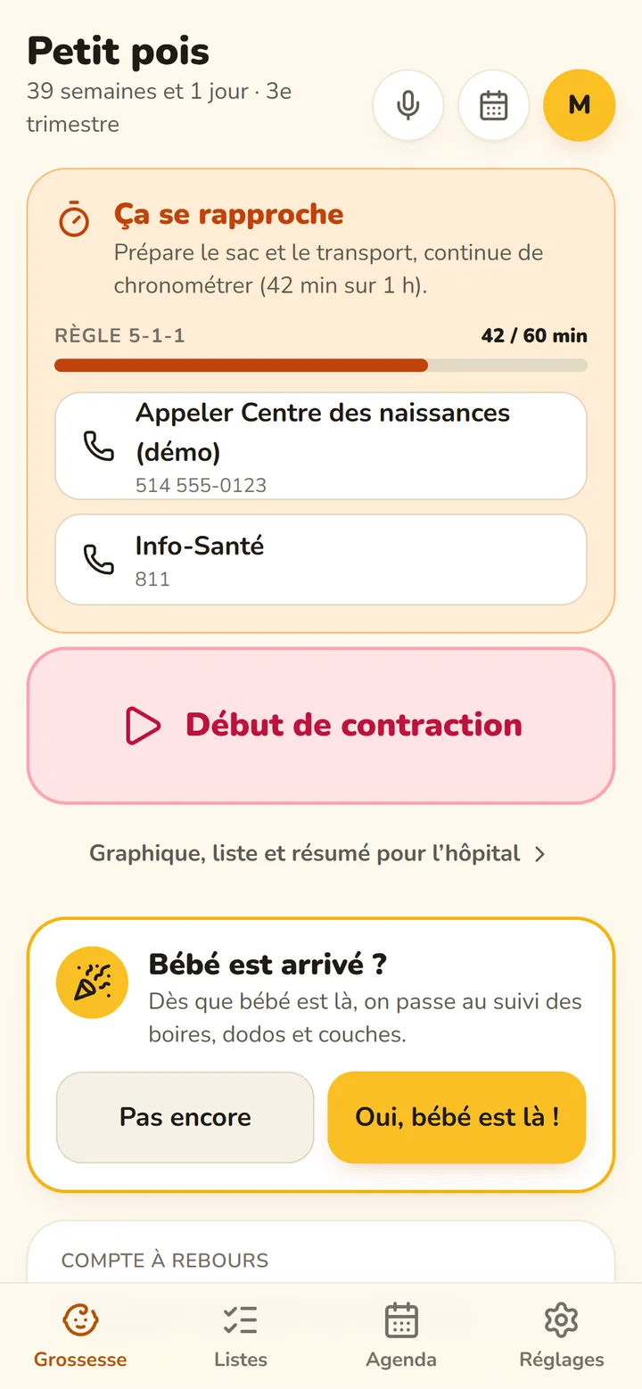 Rose pendant la grossesse : 39 semaines et 1 jour, contractions suivies selon la règle 5-1-1, boutons pour appeler le centre des naissances et Info-Santé.
