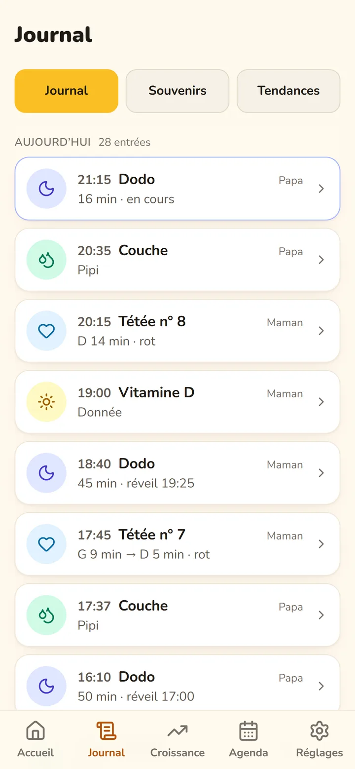 Le journal de Rose : dodo en cours, couche, tétée numéro 8 au sein droit avec rot, vitamine D.